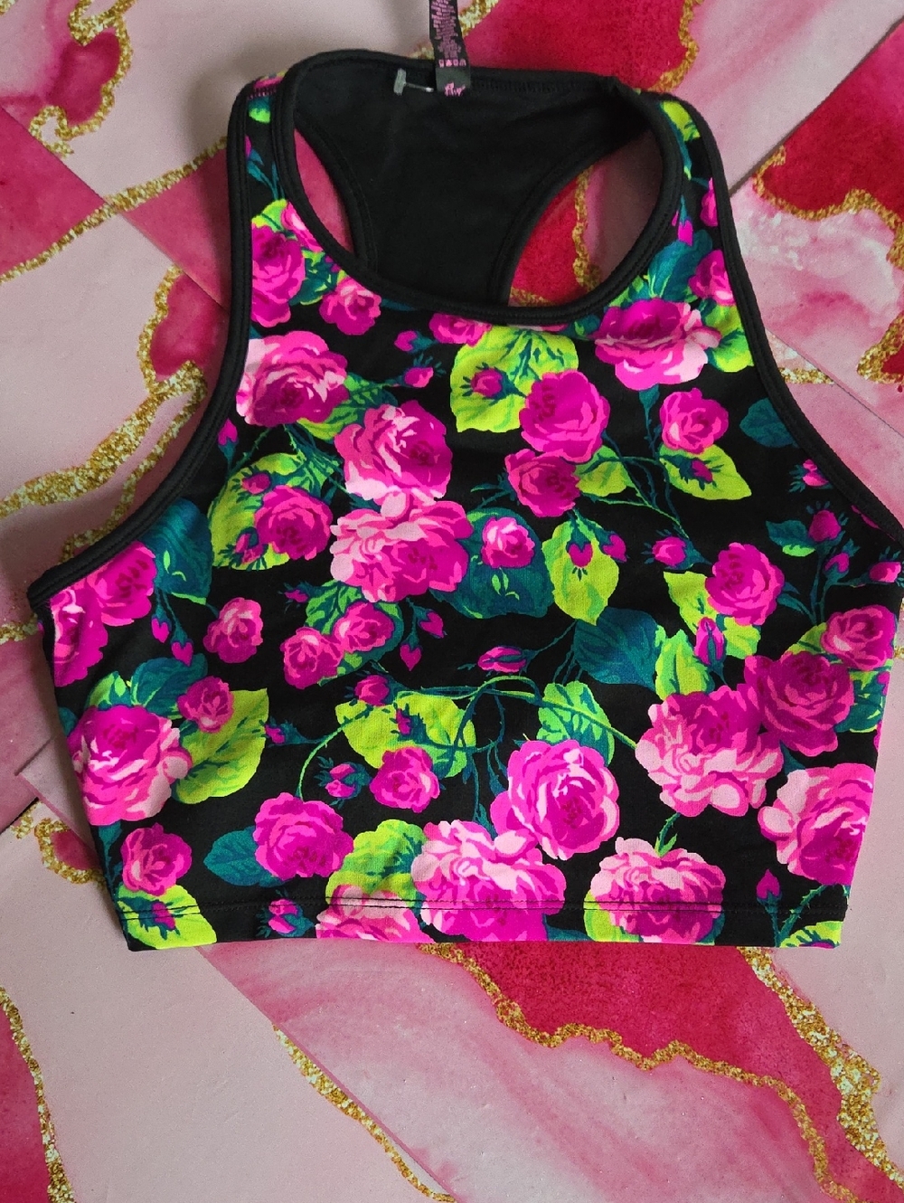 Betsey Johnson Black Floral Crop Tank with Neon Pink Roses